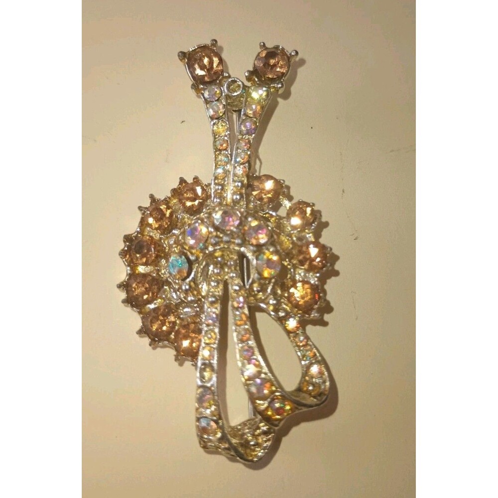 Vintage Rhinestone Peacock Brooch Peach AB Crystals Silver Tone 2.5"